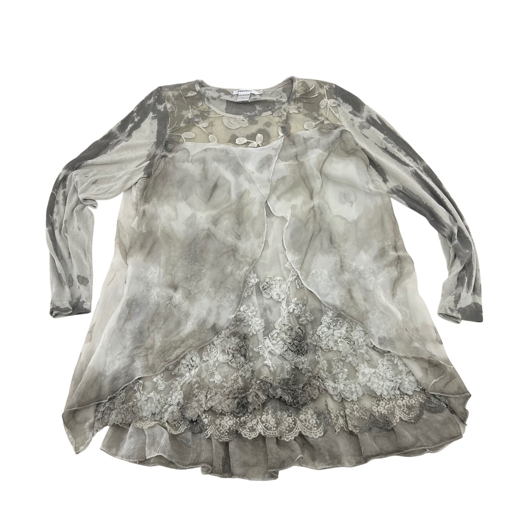 Feratelli Womens Sheer Overlay Lace Trim Tunic‎ Top Size L Gray Tie Dye